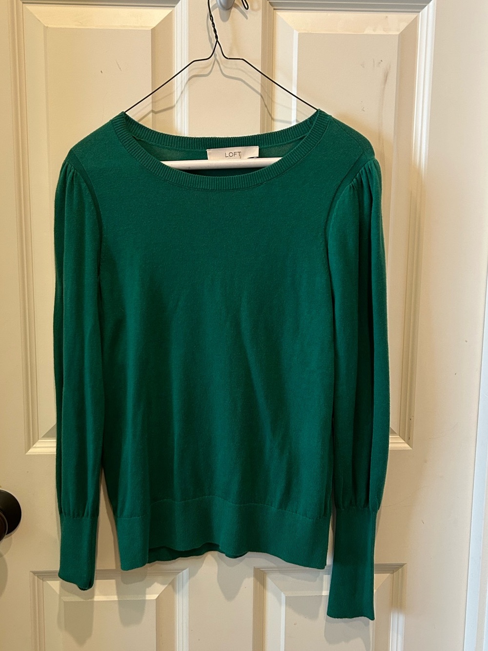LOFT Emerald Green Crewneck Sweater with Subtle Puff Sleeves